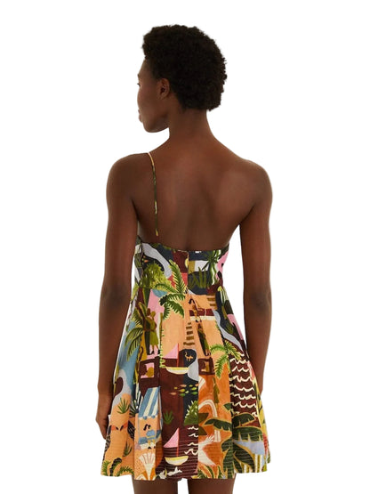  colorful patterned dress with 3d leaf motif