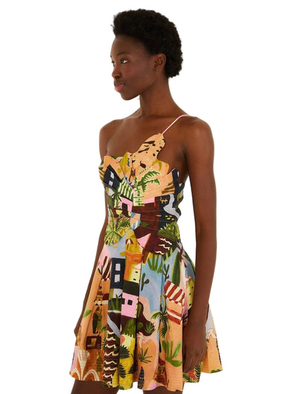  colorful patterned dress with 3d leaf motif