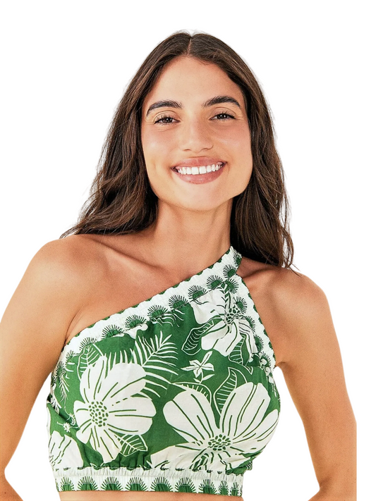Green Floral One Shoulder Top By Farm Rio 