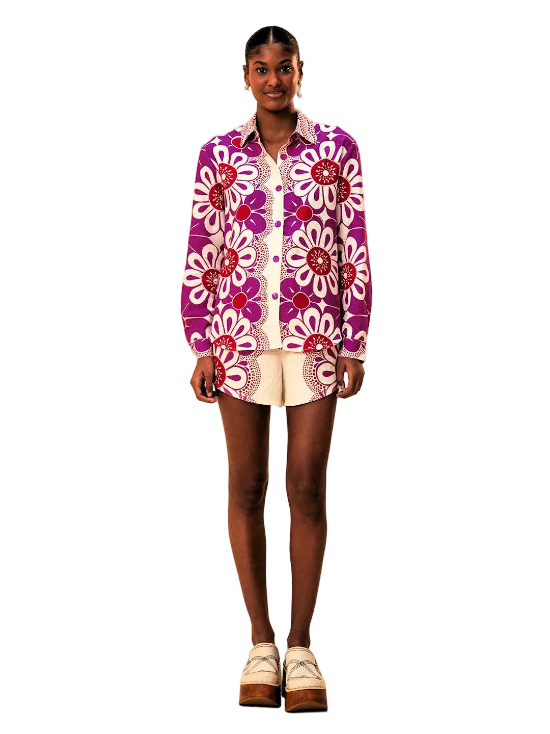 OffWhite Shorts With Pink Flower Pattern By Farm Rio