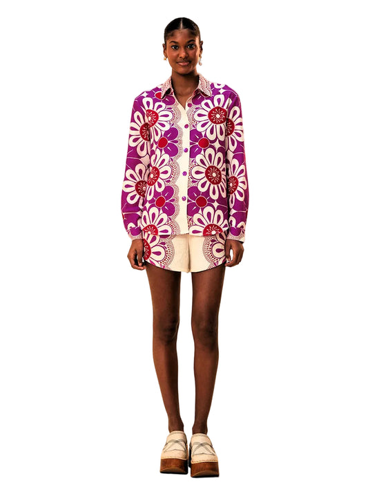 OffWhite Shorts With Pink Flower Pattern By Farm Rio