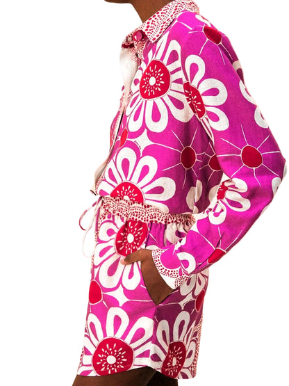 OffWhite Shorts With Pink Flower Pattern By Farm Rio