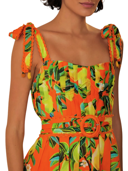 Colorful Bright Orange With Pears Pattern Mini Sleeveless Dress By Farm Rio