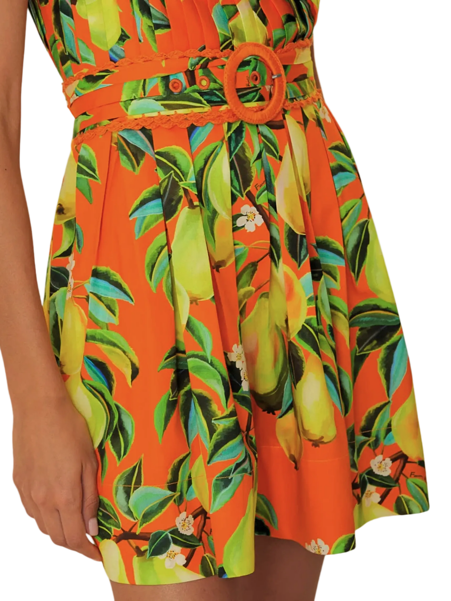 Colorful Bright Orange With Pears Pattern Mini Sleeveless Dress By Farm Rio