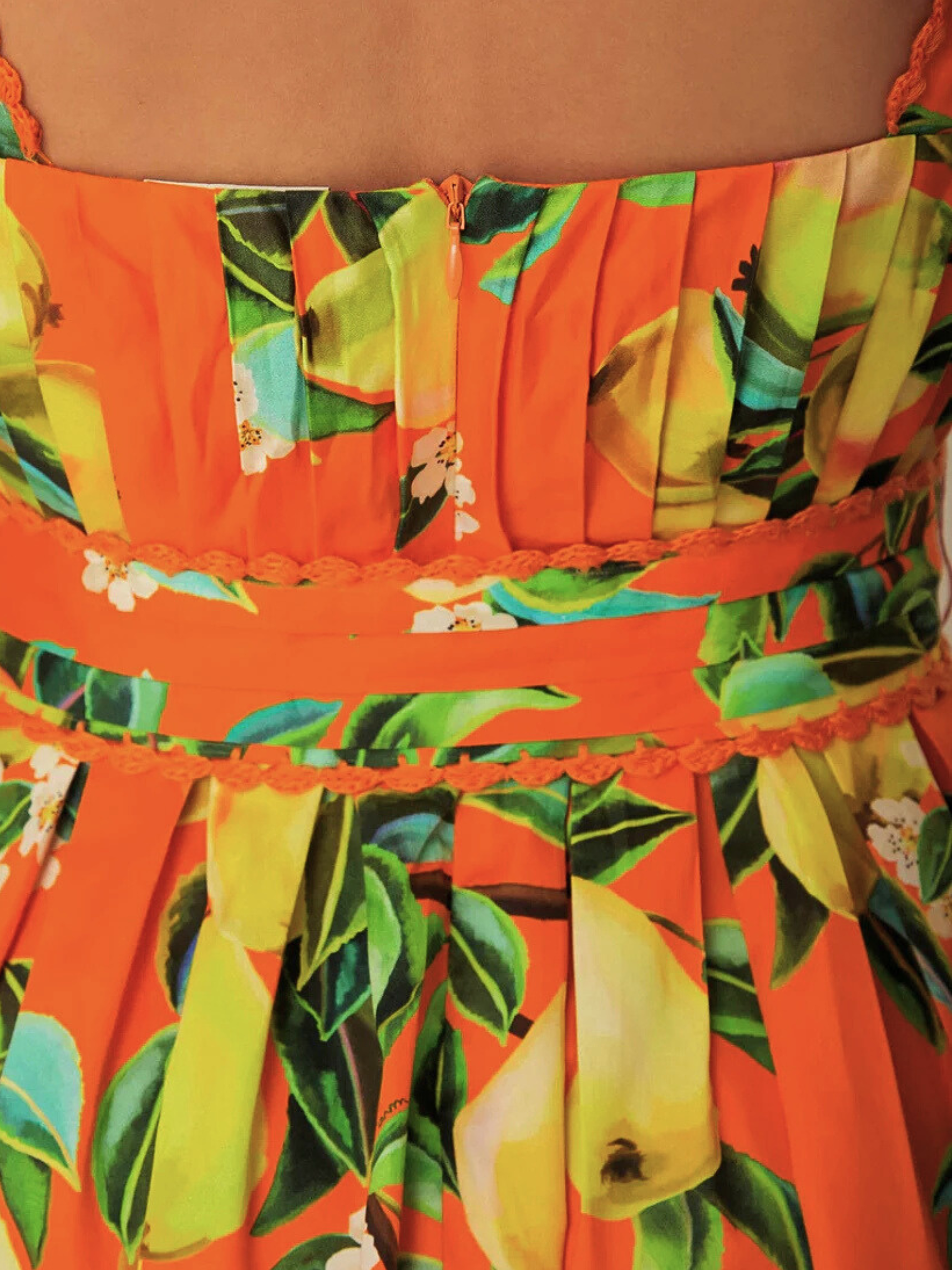 Colorful Bright Orange With Pears Pattern Mini Sleeveless Dress By Farm Rio