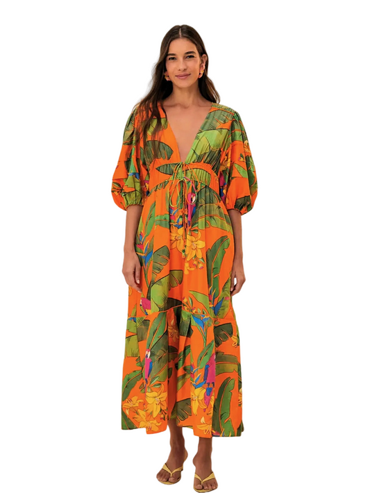 Maxi Orange Dress With Parrot Pattern By Farm Rio