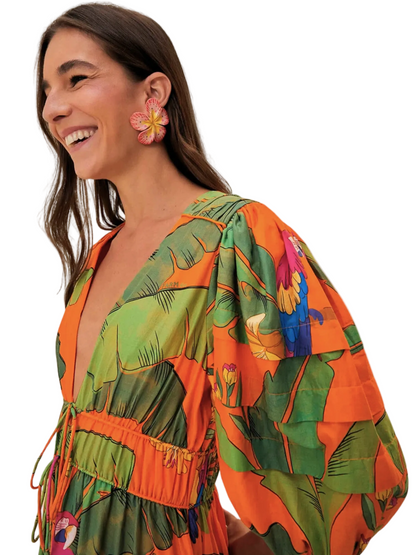 Maxi Orange Dress With Parrot Pattern By Farm Rio