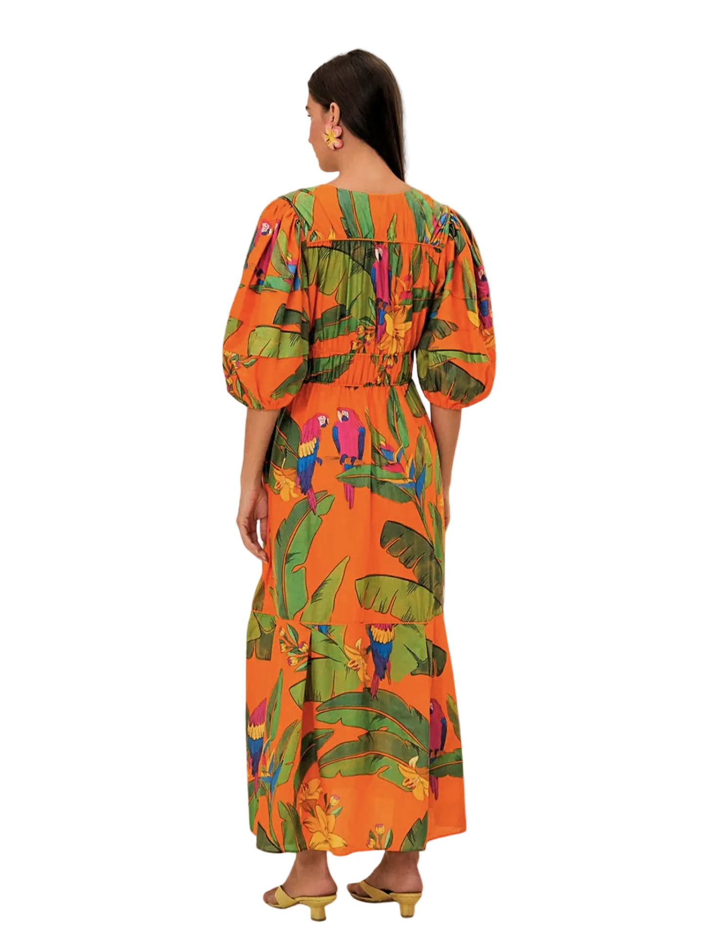 Maxi Orange Dress With Parrot Pattern By Farm Rio