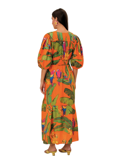 Maxi Orange Dress With Parrot Pattern By Farm Rio