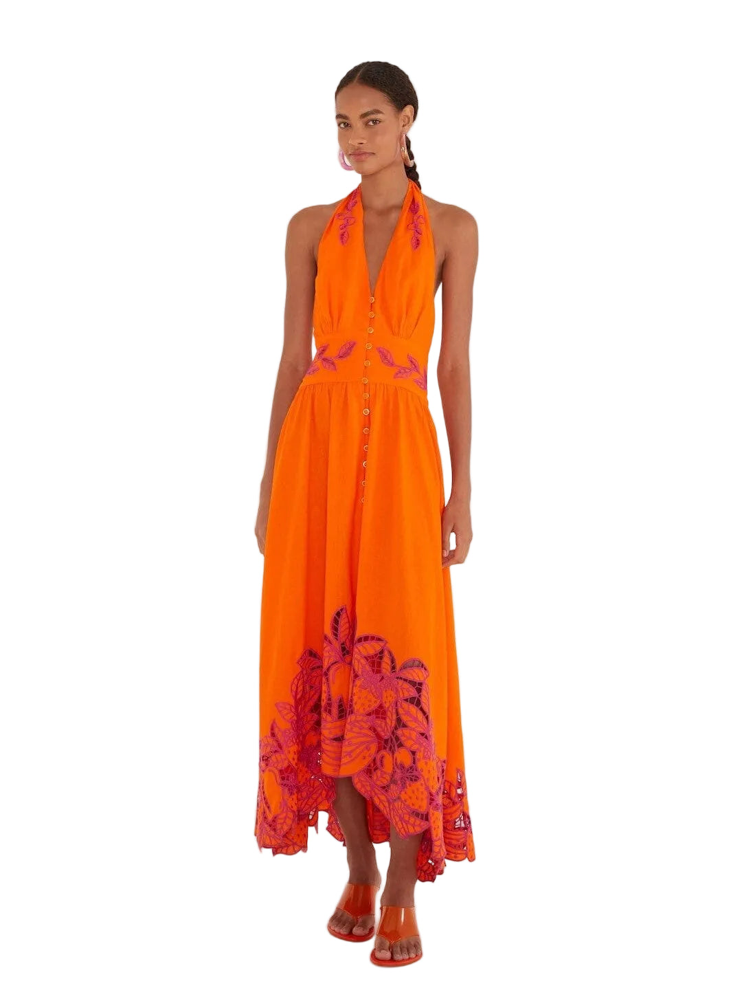 Orange halter dress with pink floral embroidery