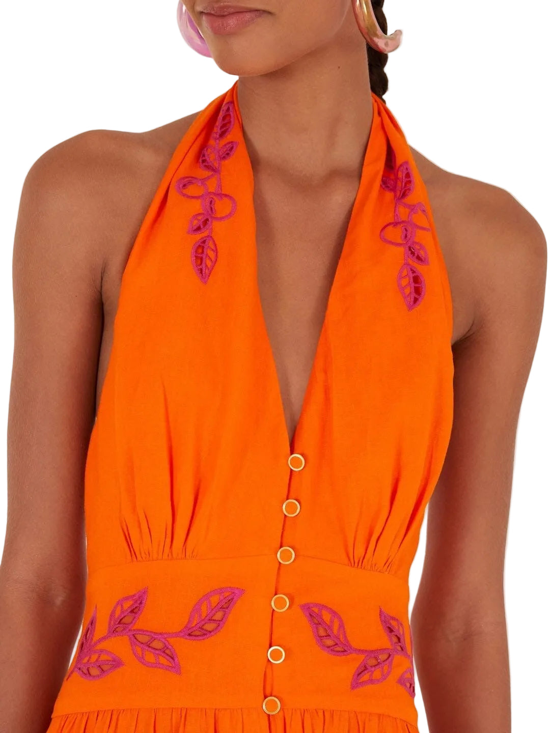 Orange halter dress with pink floral embroidery