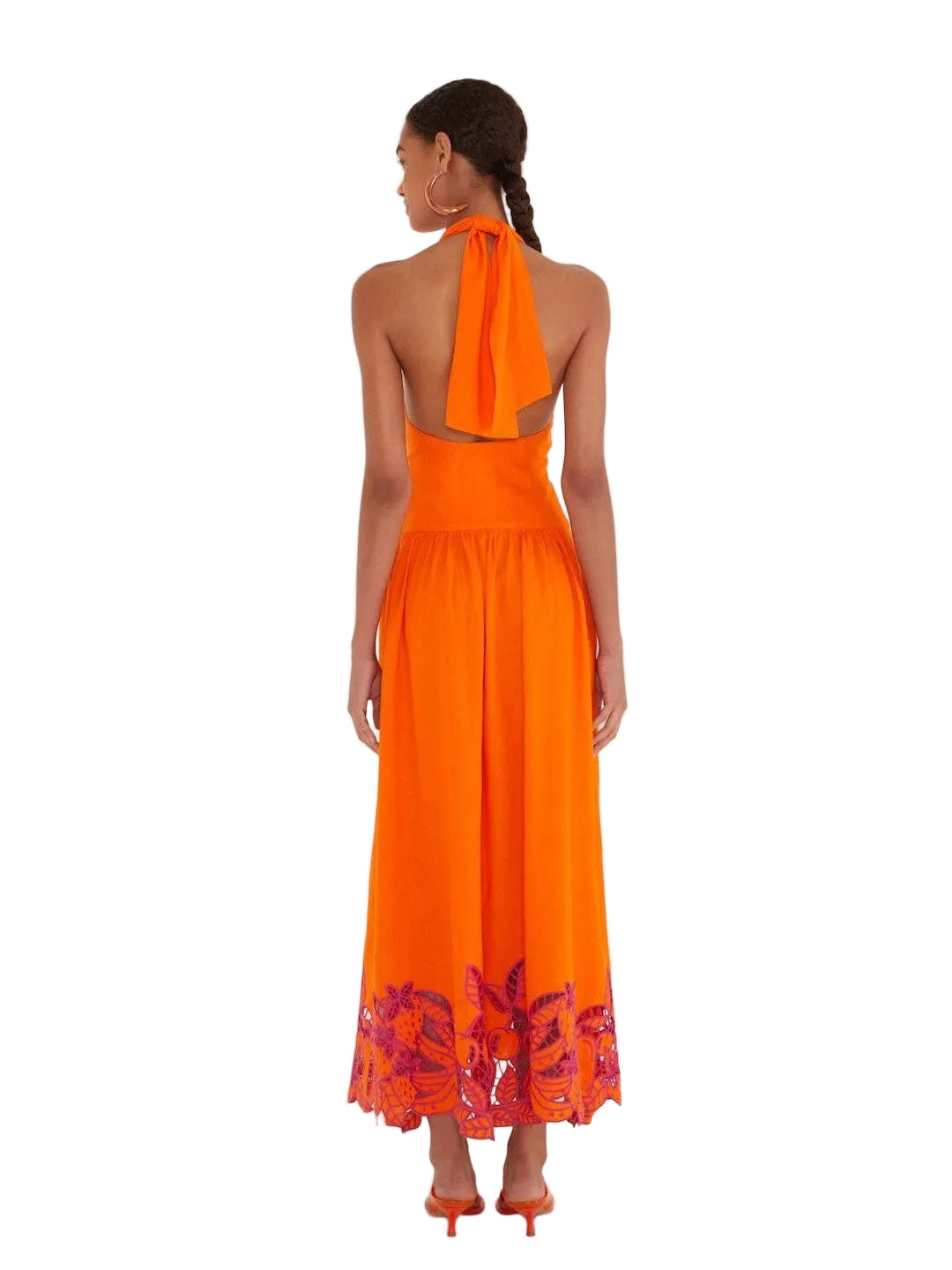 Orange halter dress with pink floral embroidery
