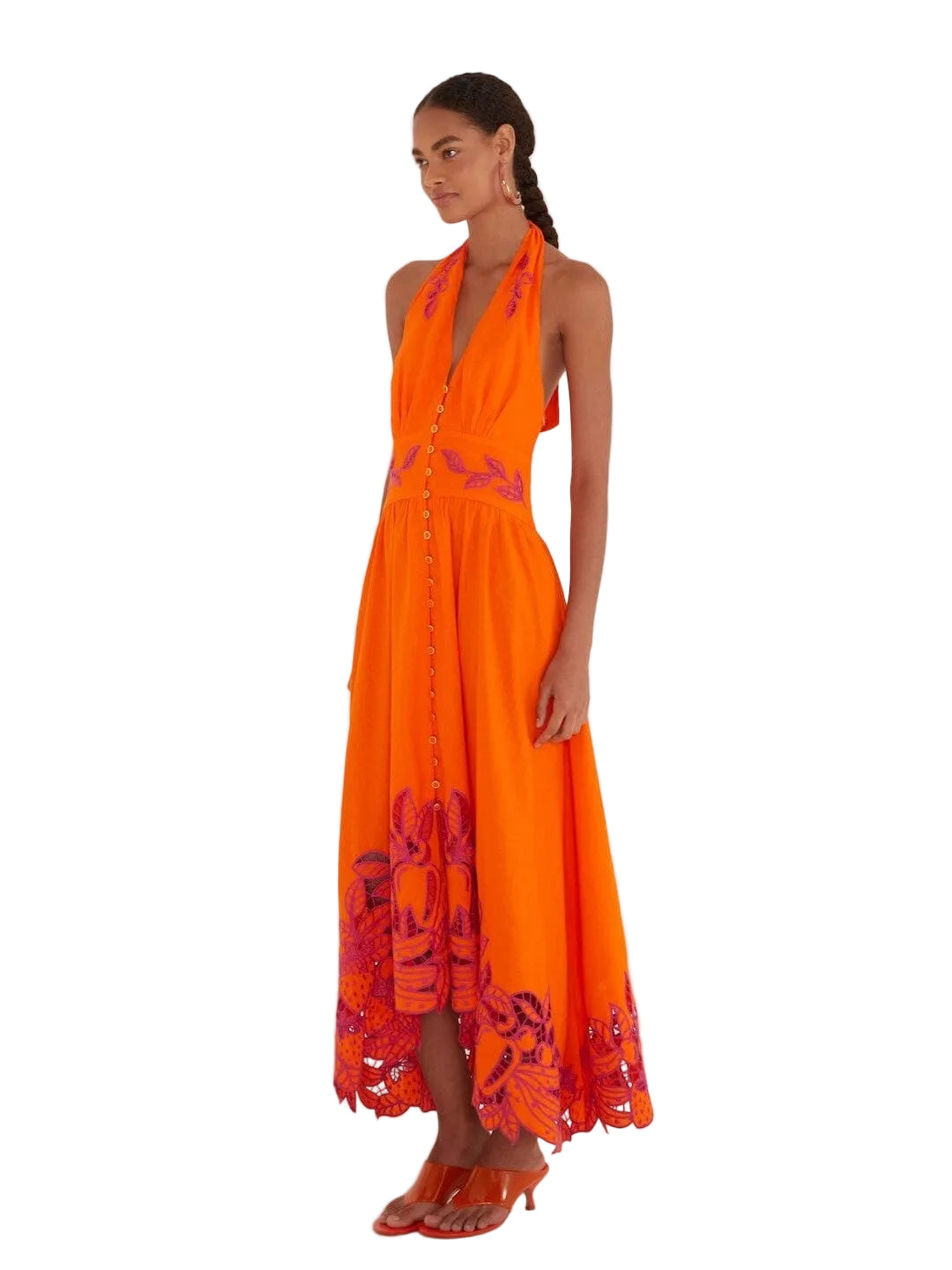 Orange halter dress with pink floral embroidery