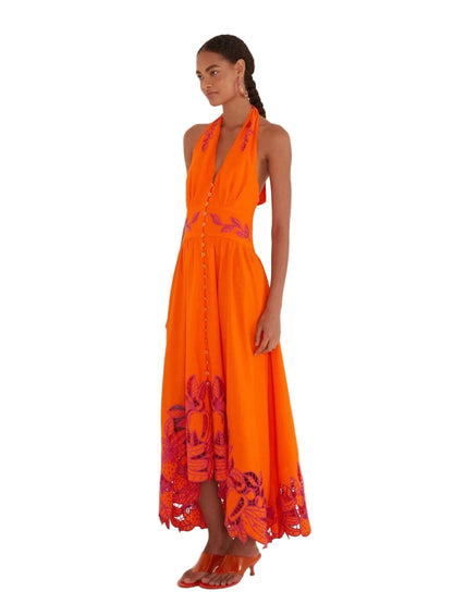 Orange halter dress with pink floral embroidery
