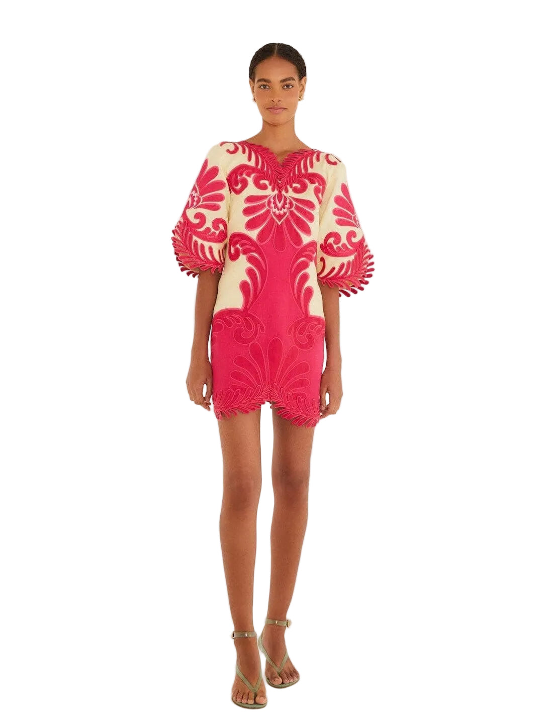 Linen Off white Mini Dress With Pink Embroidery