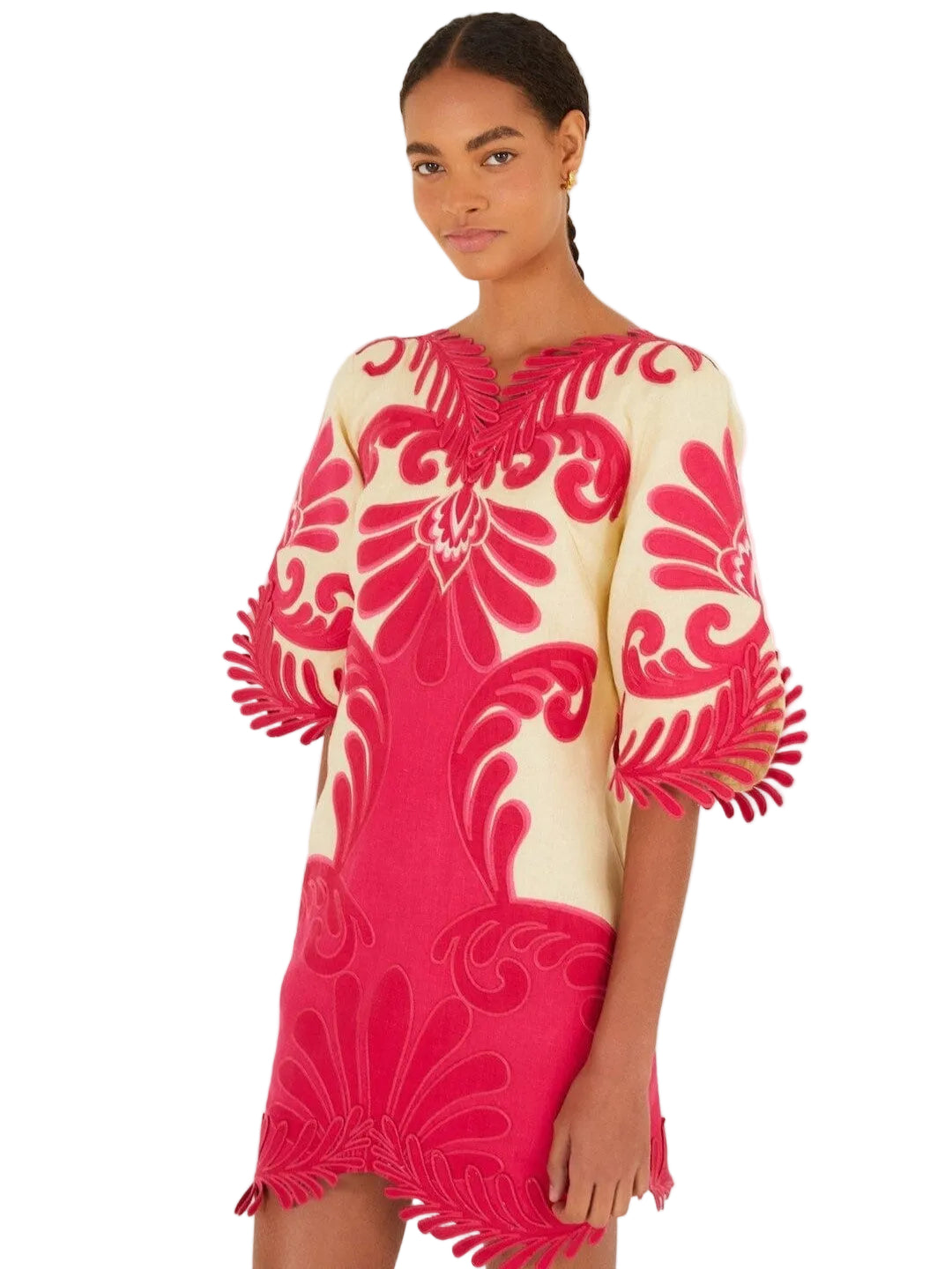 Linen Off white Mini Dress With Pink Embroidery