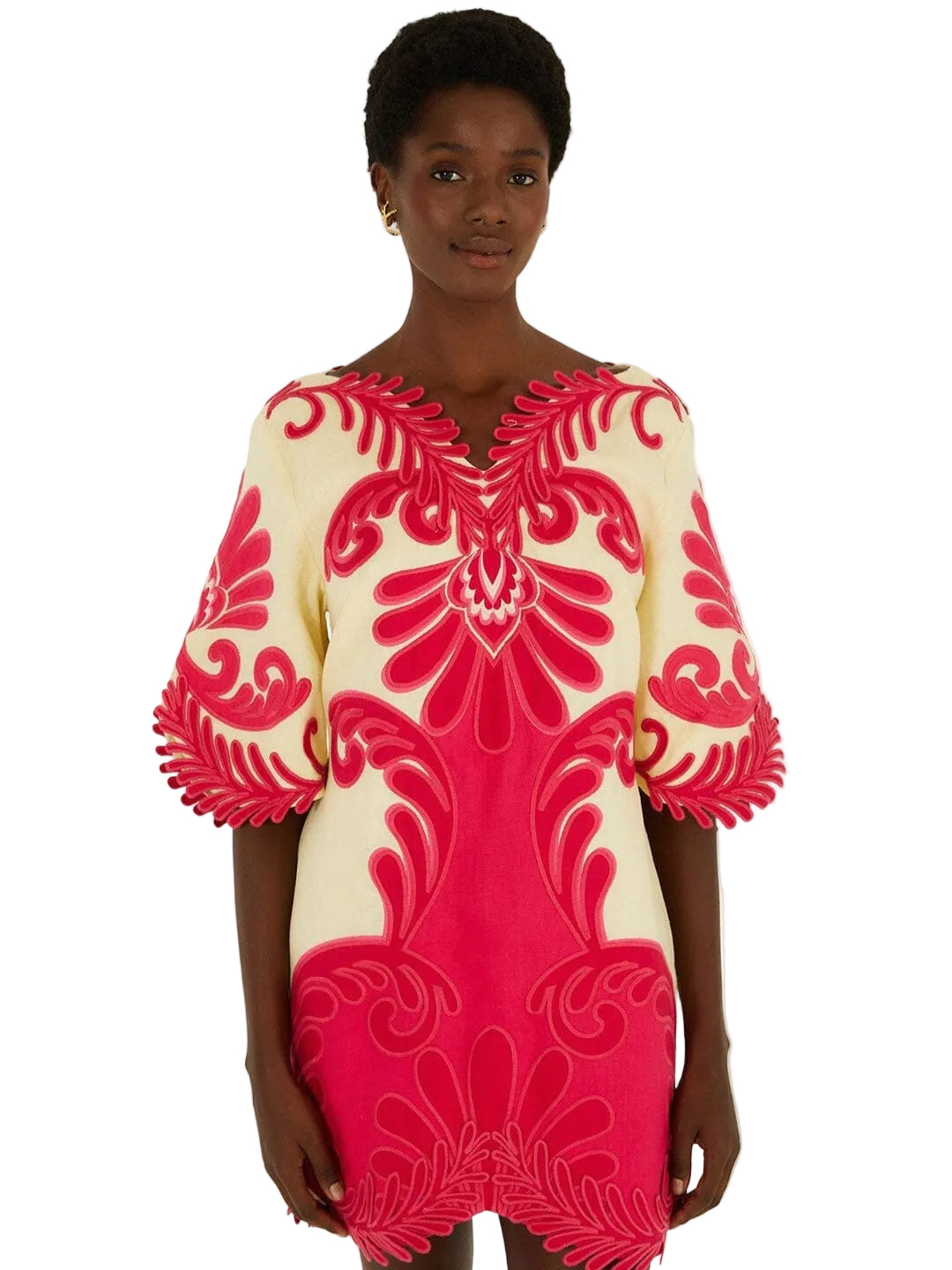 Linen Off white Mini Dress With Pink Embroidery