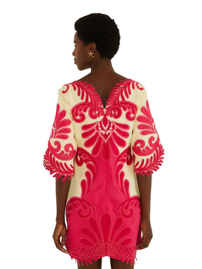 Linen Off white Mini Dress With Pink Embroidery