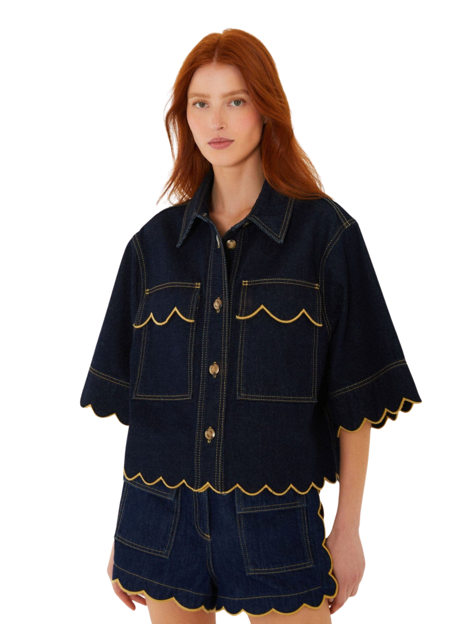 farm rio Denim outfit with scalloped edges