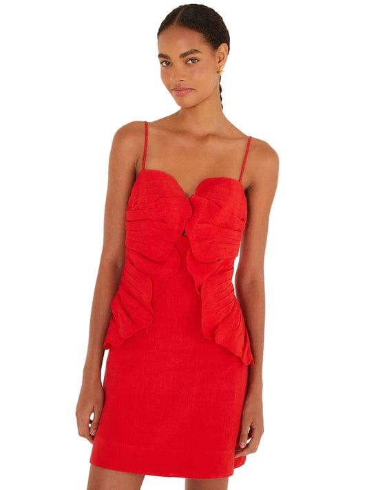 Red linen mini dress with 3D floral appliqués