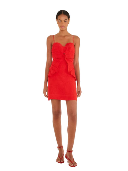 Red linen mini dress with 3D floral appliqués
