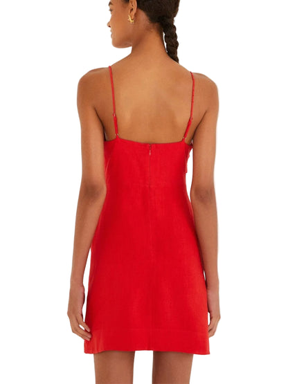 Red linen mini dress with 3D floral appliqués
