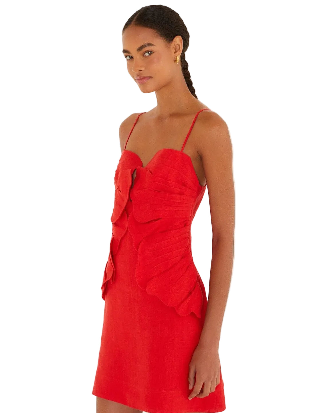 Red linen mini dress with 3D floral appliqués