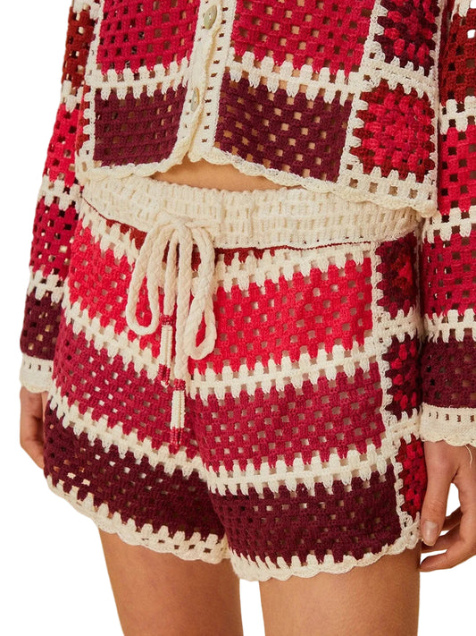 Two Toned Red Crochet Short By Farm Rio