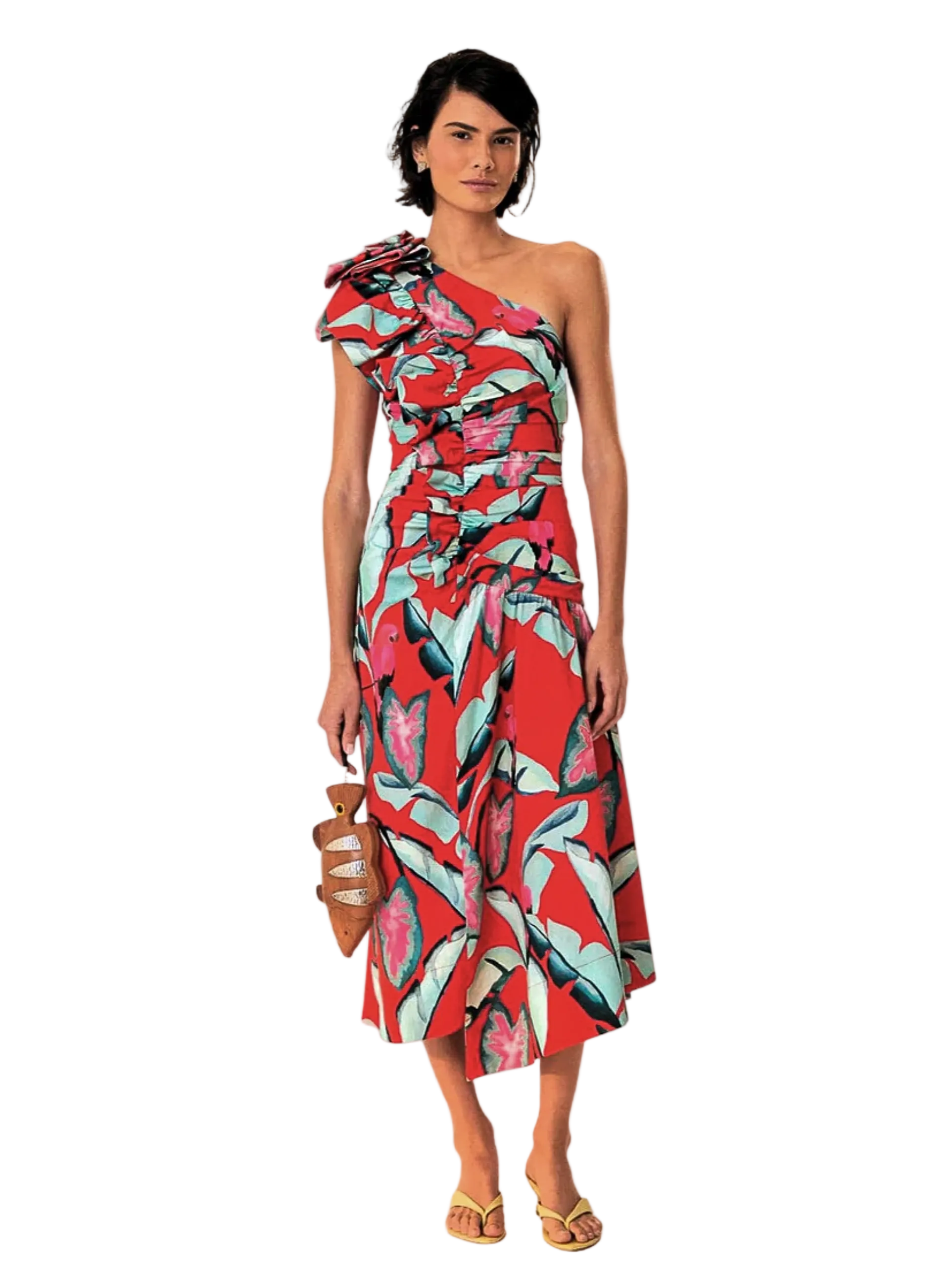 One Shoulder Midi Dress With Red And Blue Pattern By Farm Rio