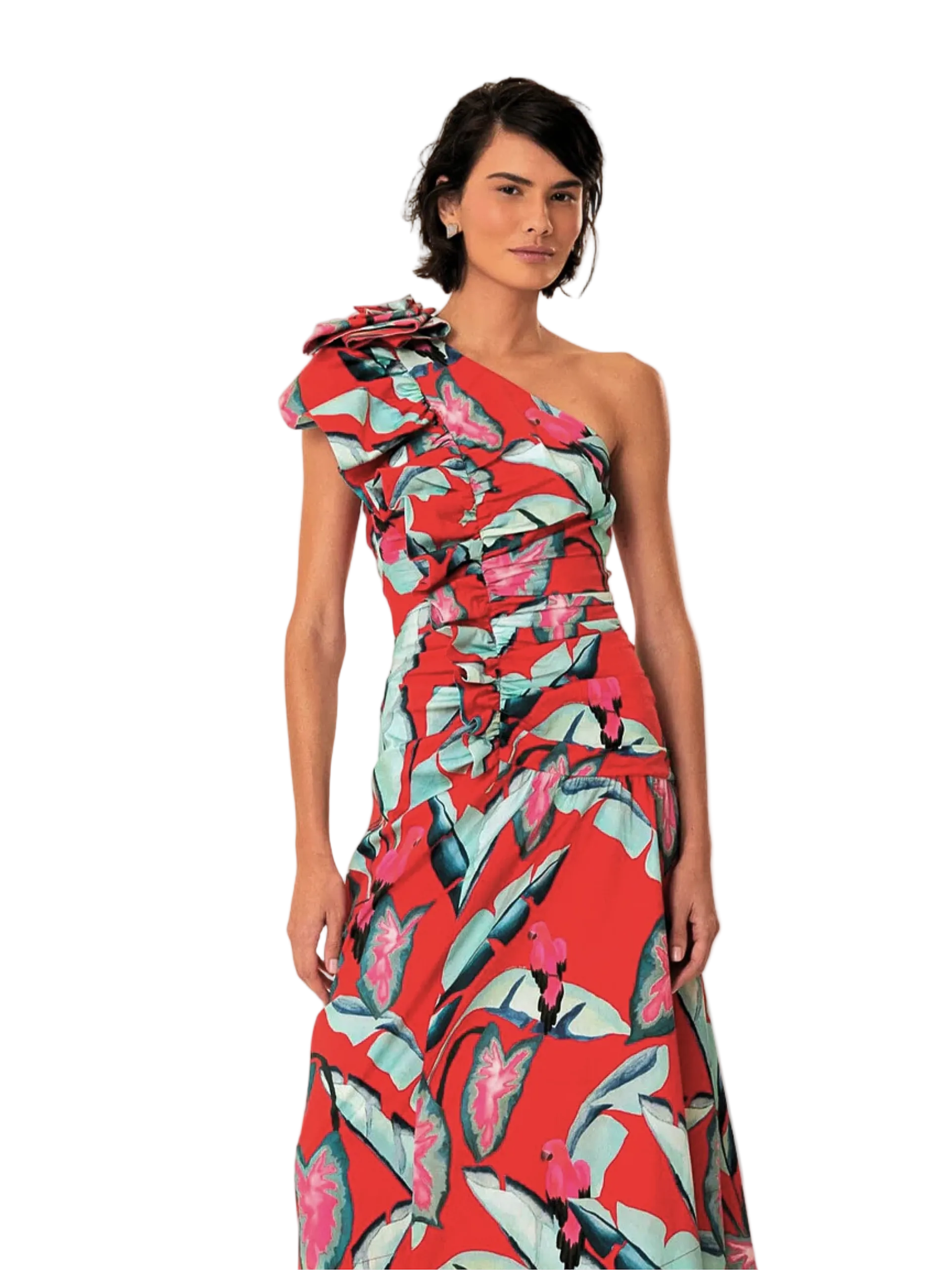 One Shoulder Midi Dress With Red And Blue Pattern By Farm Rio
