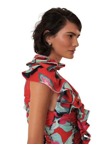 One Shoulder Midi Dress With Red And Blue Pattern By Farm Rio