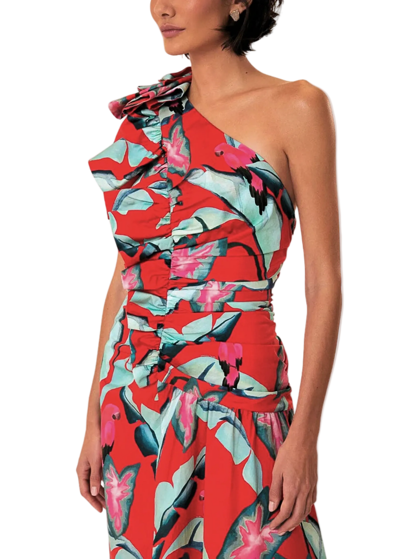 One Shoulder Midi Dress With Red And Blue Pattern By Farm Rio