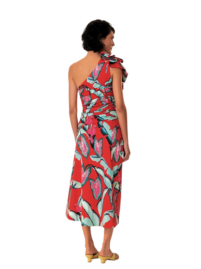 One Shoulder Midi Dress With Red And Blue Pattern By Farm Rio