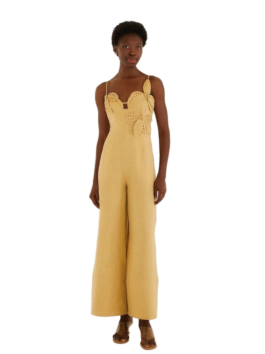 Sand linen jumpsuit with 3D floral appliqués