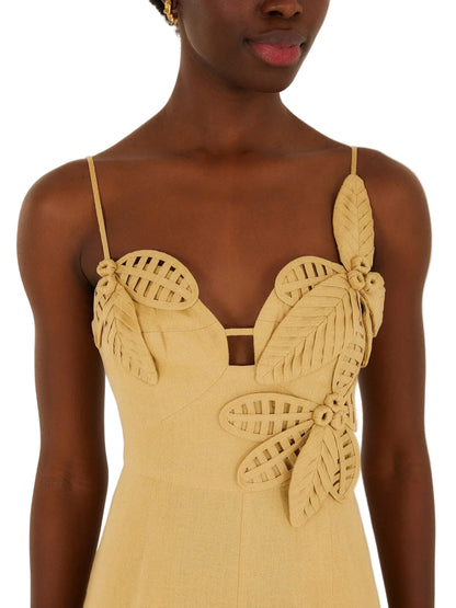 Sand linen jumpsuit with 3D floral appliqués