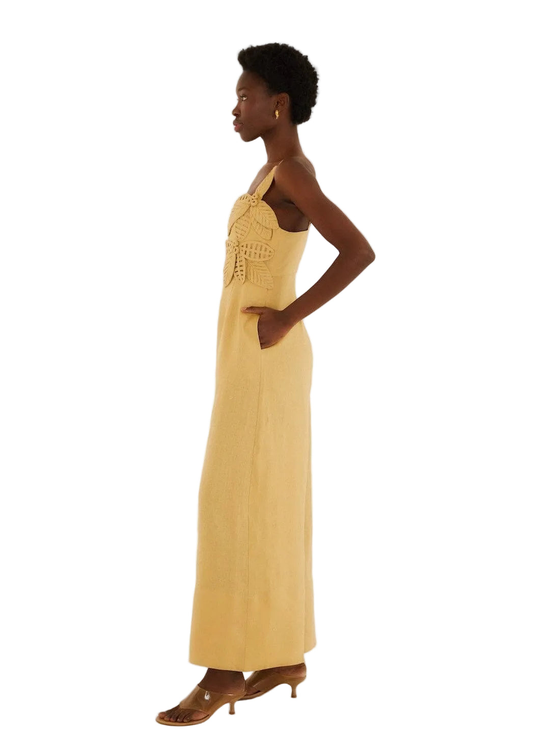 Sand linen jumpsuit with 3D floral appliqués