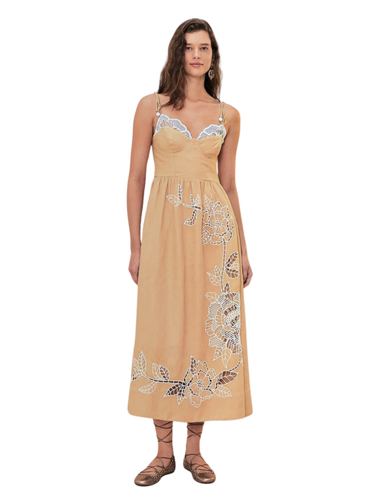  Beige  Midi Dress With Floral Embroidery And Lace Details By Farm Rio 