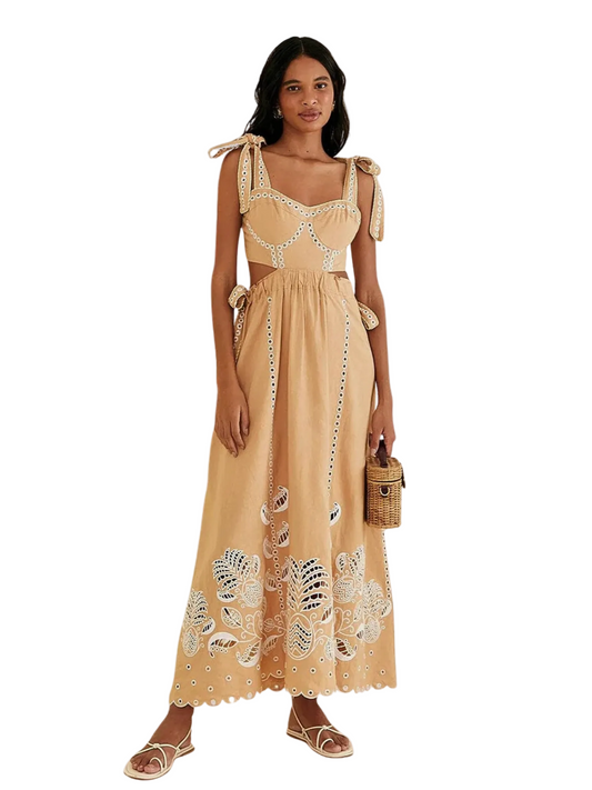 Beige Maxi Dress With Whit Embroidery By Farm Rio 