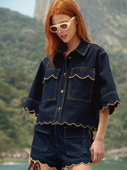 Denim Cropped Jacket Scalloped Edges With Pockets