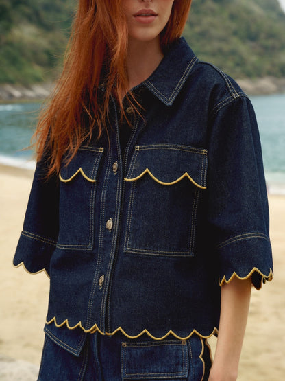 Denim Cropped Jacket Scalloped Edges With Pockets
