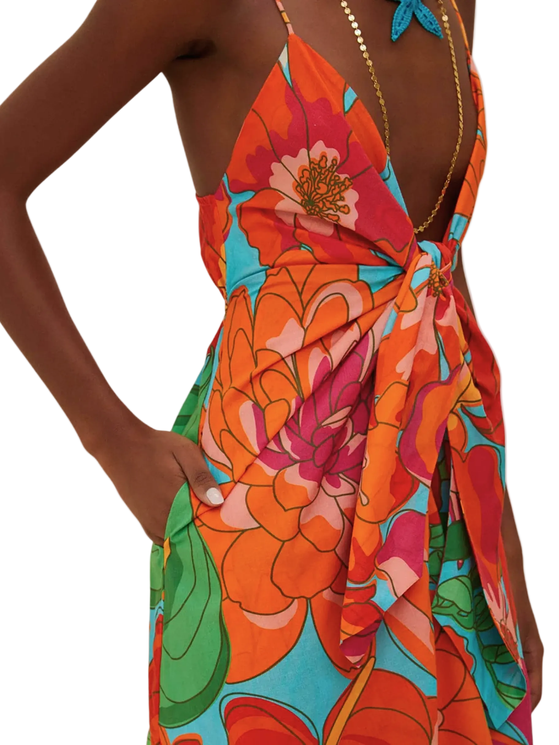 Colorful Floral Midi Dress Tight On The Front Deep V Neckline by Farm Rio 