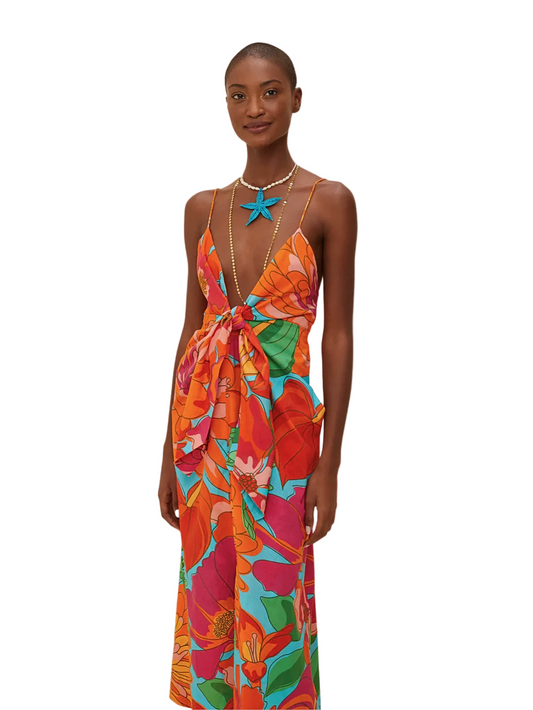 Colorful Floral Midi Dress Tight On The Front Deep V Neckline by Farm Rio 