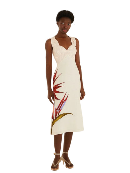 Off White Midi Dress Floral Design By Farm Rio