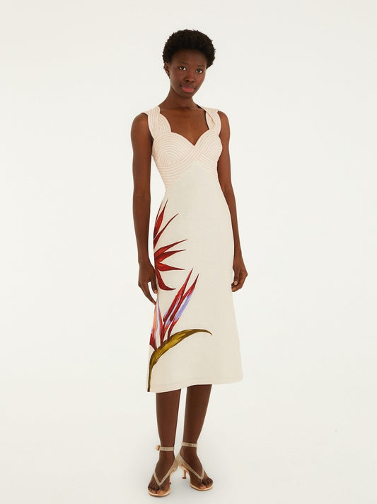 Off White Midi Dress Floral Design By Farm Rio