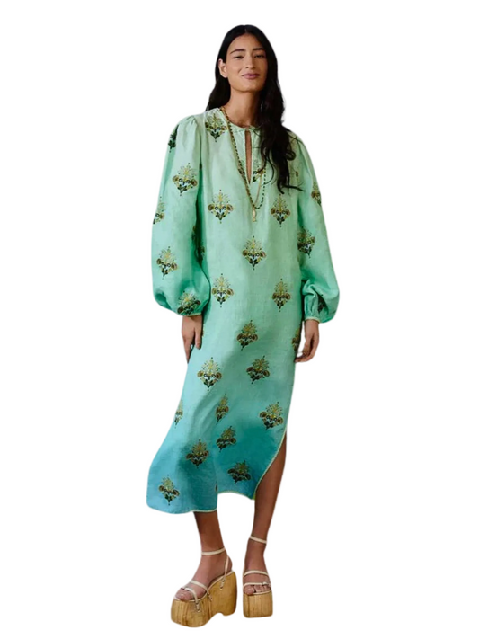 Light Blue Turquoise Green Gradient Kaftan With Embroidery by Farm Rio 