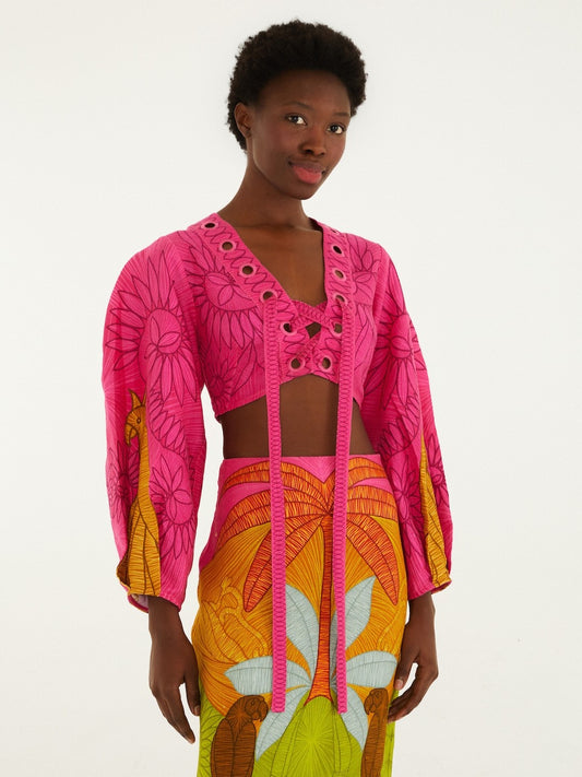 Bright Pink Embroidered Crop Blouse With Sleeves And V Neck By Farm Rio