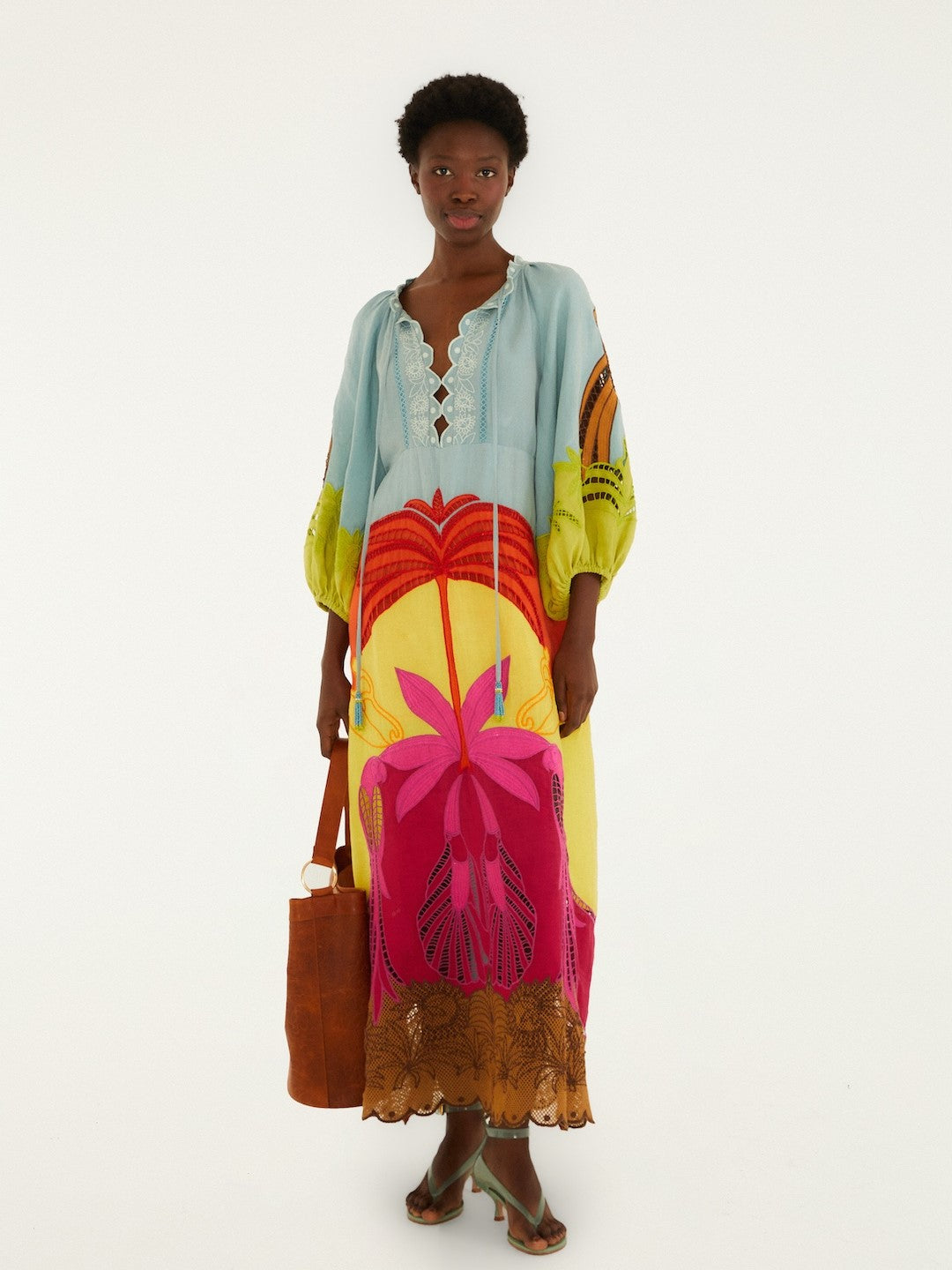 Colorful Maxi Dress Embroider Details And 3/4 Sleeves By Farm Rio