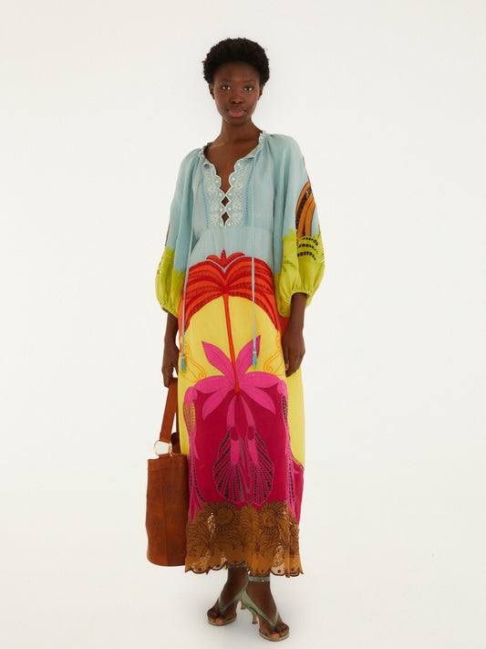 Colorful Maxi Dress Embroider Details And 3/4 Sleeves By Farm Rio