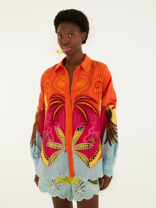 Patterned Shirt Orange Pink Colorful Design With Embroidery By Farm Rio 