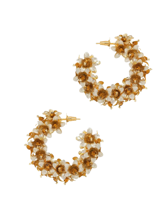 Pair of gold hoop earrings with floral designs